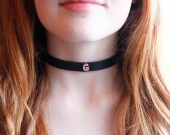 Handmade Black Leather choker with rhinestone letter / name letter choker / personalised collar / Handmade in Wales