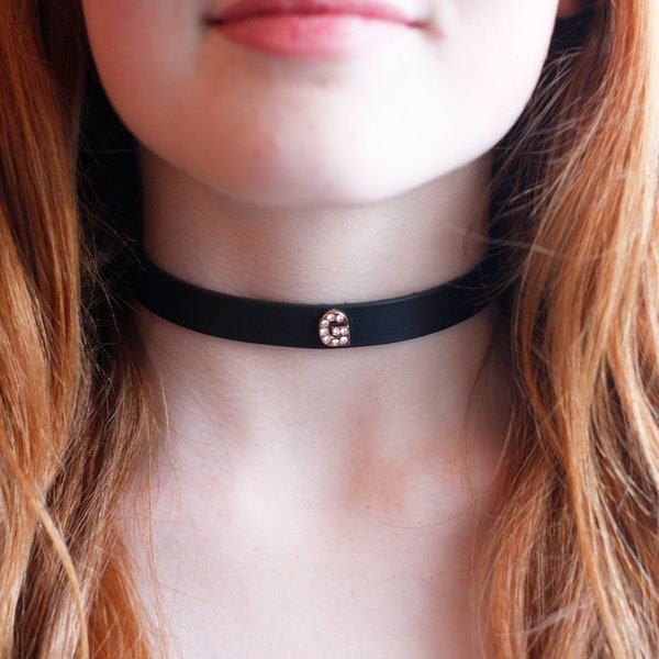 Handmade Black Leather choker with rhinestone letter / name letter choker / personalised collar / Handmade in Wales