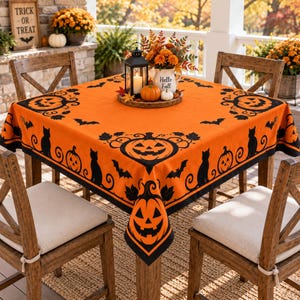 May include: A square orange tablecloth featuring a black printed pattern of jack-o'-lanterns, silhouettes of cats, and flying bats. The design is repeated along the borders and corners, creating a festive Halloween theme for a dining table.