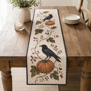 May include: A rectangular quilted table runner featuring a cream-colored background with a repeating pattern of two black crows perched on orange pumpkins, surrounded by green maple leaves and clusters of small red berries, finished with a dark border.