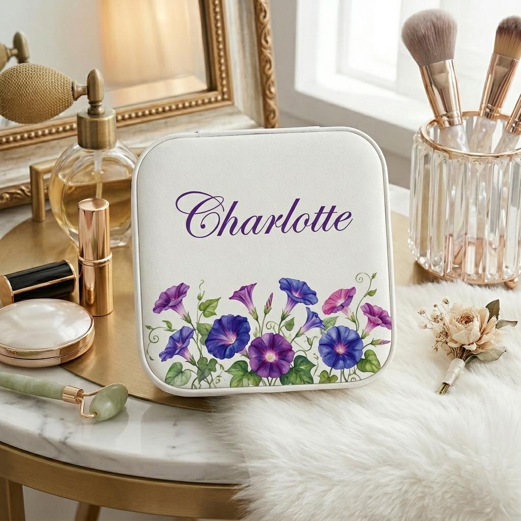 Personalized Birth Flower Jewelry Box, Custom Name Floral Travel Case ...
