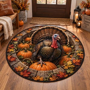 May include: A round area rug featuring a central turkey with fanned tail feathers standing inside a circular stone-textured border. The design includes several orange pumpkins and scattered autumn leaves in shades of red, orange, and yellow.