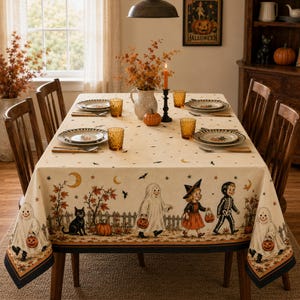 May include: A rectangular tablecloth featuring a vintage-style Halloween print with children in costumes, a black cat, pumpkins, and autumn leaves. The cream-colored fabric has a border with black and orange stripes and a repeating pattern of stars.