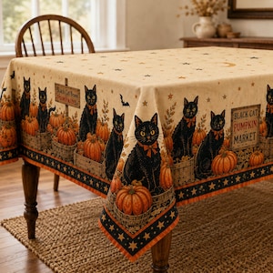 May include: A beige tablecloth featuring a repeating pattern of black cats with orange bows, orange pumpkins in wooden crates, and small stars. The design includes signs that read Black Cat Brand Pumpkins and Black Cat Pumpkin Market.