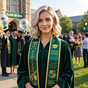 May include: A graduate in a green velvet robe and sash, with gold lettering that reads "MEDICINE" and "YOUR NAME". The sash also displays a mortarboard and medical symbols. The text "CLASS OF 2026" is visible. Other graduates and a university building are in the background.