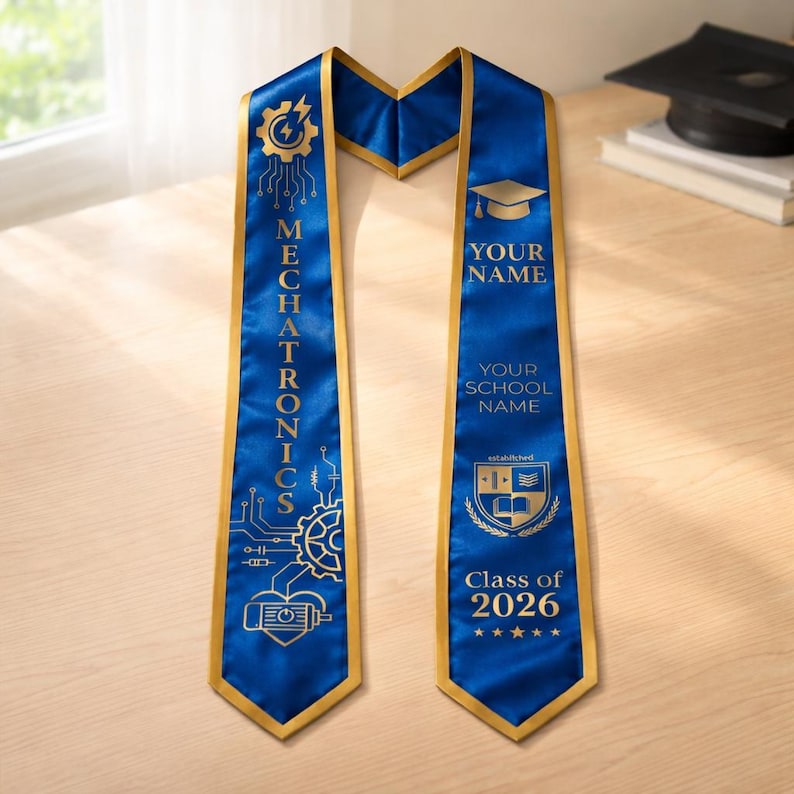May include: A blue graduation sash with gold trim and text. One side reads "MECHATRONICS" with circuit board graphics. The other side has space for "YOUR NAME" and "YOUR SCHOOL NAME", plus "Class of 2026". A mortarboard is in the background.