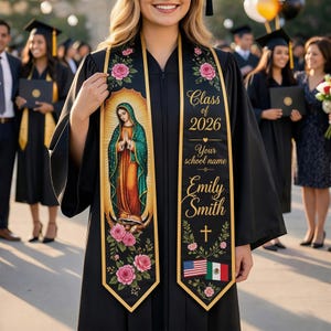 Personalized Virgen de Guadalupe Graduation Stole, Catholic Grad Sash Custom Name Class of 2026, Religious Gift, Latina Graduation Stole