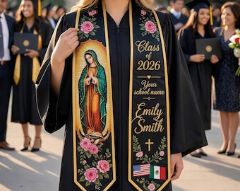 Personalized Virgen de Guadalupe Graduation Stole, Catholic Grad Sash Custom Name Class of 2026, Religious Gift, Latina Graduation Stole