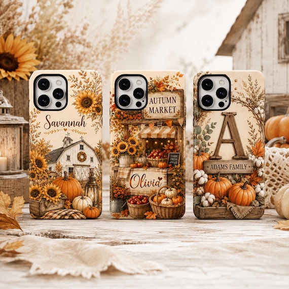 Custom Name Autumn Phone Case, Farmhouse Barn Pumpkin Market MagSafe Case for iPhone 17 16 15 14, Samsung S26 S25, Autumn Fall Gift for Her
