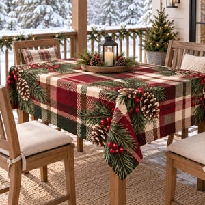 May include: A rectangular tablecloth featuring a red, green, and cream plaid pattern decorated with printed illustrations of pine branches, brown pinecones, and clusters of bright red berries, draped over a wooden table with a lantern centerpiece.