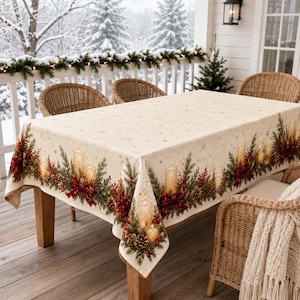 May include: A rectangular cream-colored tablecloth featuring a festive holiday print. The design includes a border of evergreen boughs, pinecones, red berries, red bows, and lit pillar candles, with small gold stars scattered across the top surface.