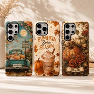 May include: Three smartphone cases featuring autumn themes. The left case shows a teal truck with pumpkins and a sign reading Parker Farms Est. 2021. The center case displays a coffee cup with the text Pumpkin Spice Season and Emma. The right case shows pumpkins and roses with the name Abigail.