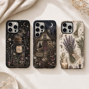 May include: Three phone cases featuring detailed illustrations. The left case shows a glass jar with flowers and the name Mia. The center case depicts a cottage with a witch hat and the name Hazel. The right case displays lavender and the name Sage.