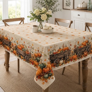 May include: A rectangular beige tablecloth featuring a repeating pattern of wooden farm wagons filled with orange pumpkins and autumn leaves. The design includes scattered fall foliage and small pumpkins across the top surface and edges.