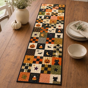 May include: A rectangular quilted table runner featuring a patchwork design of squares in orange, black, cream, and green. The fabric squares display Halloween-themed motifs including jack-o'-lanterns, black cats, bats, crescent moons, stars, and candy corn.