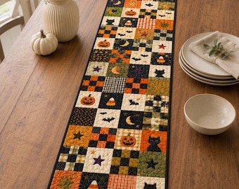 Vintage Halloween Patchwork Quilt Table Runner, Pumpkin Black Cat Bat Candy Corn Table Decor, Primitive Fall Runner