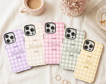 Personalized Gingham MagSafe Phone Case for iPhone 17 16 15 14 13 12, Samsung Phone case, Custom Name Coquette Ribbon Bow Pastel Plaid Cover