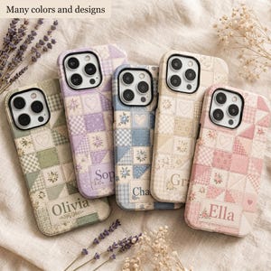 May include: Five smartphone cases featuring a quilted patchwork pattern with floral motifs, heart shapes, and gingham squares in shades of green, purple, blue, beige, and pink. Each case displays a custom name: Olivia, Sop, Cha, Gr, and Ella.