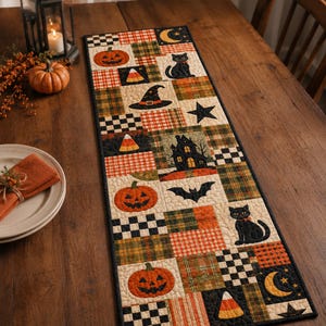 May include: A rectangular quilted table runner featuring a patchwork design of Halloween motifs including jack-o'-lanterns, black cats, a haunted house, bats, witch hats, candy corn, stars, and crescent moons in orange, black, green, and cream.