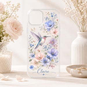 Custom Name Hummingbird Clear MagSafe Phone Case, Custom Name iPhone 17 16 15 14 13 12, Samsung S26 25 24 23, Floral Birthday Gift for Her