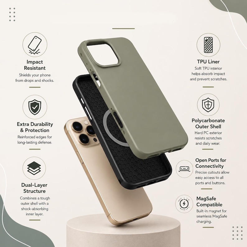 May include: A gold smartphone shown with a two-part protective case. The outer shell is olive green, while the inner layer is black with a hexagonal pattern and a circular magnetic ring. Text labels highlight features like impact resistance and MagSafe.