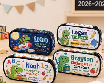 Back to School Pencil Case, Personalized Dinosaur Pencil Case for Kids, Custom Name Pencil, Supply Bag, Dino Kindergarten 1st 2nd Grade Gift