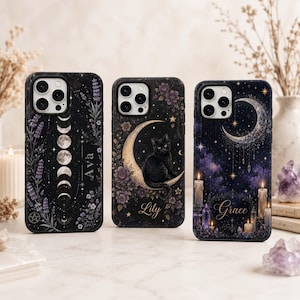 May include: Three black smartphone cases featuring celestial and floral designs. The first case displays moon phases and lavender with the name Ava. The second shows a black cat on a crescent moon with the name Lily. The third features candles, crystals, and a crescent moon with the name Grace.