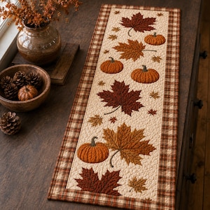 May include: A rectangular quilted table runner featuring a cream-colored background with a repeating pattern of orange pumpkins and brown maple leaves. The runner is bordered by a brown and tan plaid fabric trim with detailed stitching throughout.
