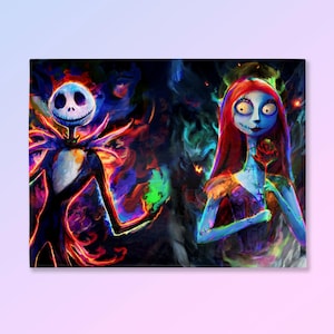 May include: A rectangular print depicting Jack Skellington and Sally from The Nightmare Before Christmas. Jack is in a black suit with a white face, and Sally is in a patchwork dress, holding a red rose. The background is a mix of vibrant colours.