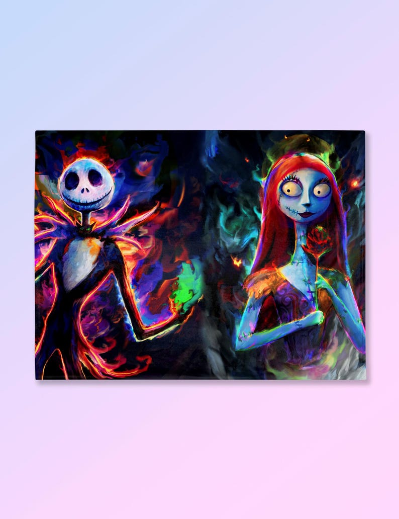 May include: A rectangular print depicting Jack Skellington and Sally from The Nightmare Before Christmas. Jack is in a black suit with a white face, and Sally is in a patchwork dress, holding a red rose. The background is a mix of vibrant colours.