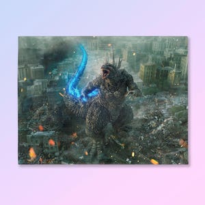 May include: A digital illustration of Godzilla, a large, gray, reptilian monster, standing amidst a destroyed cityscape. The monster has a blue, glowing dorsal fin and is roaring. The scene is filled with smoke and debris.