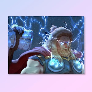 May include: A digital illustration of Thor, the Marvel Comics superhero, wielding his hammer. The artwork features Thor with long blonde hair, a beard, and a blue and silver suit. Blue lightning bolts and a red cape complete the image.