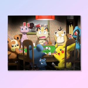May include: A rectangular print featuring a poker game scene with various Pokémon characters. The characters are seated around a green poker table, with cards and chips visible. The background includes a patterned wallpaper and a red-lit lamp.