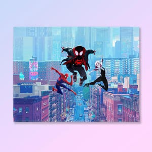May include: A vibrant print featuring three Spider-Man characters leaping over a cityscape. The central figure wears a black and red suit, flanked by Spider-Man in a classic red and blue suit and Spider-Gwen in black and white.