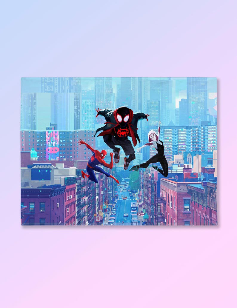 May include: A vibrant print featuring three Spider-Man characters leaping over a cityscape. The central figure wears a black and red suit, flanked by Spider-Man in a classic red and blue suit and Spider-Gwen in black and white.