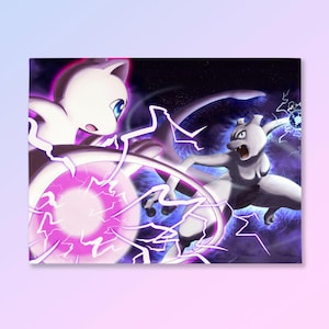May include: A canvas print featuring two Pokémon characters, Mew and Mewtwo, engaged in a battle. The artwork showcases a dynamic composition with vibrant purple and white energy effects against a dark, starry background.