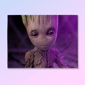 May include: A rectangular decorative pillow featuring a detailed illustration of the character Groot from the Guardians of the Galaxy. The pillow has a brown wooden texture and is set against a purple background.