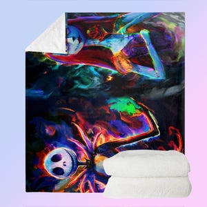 May include: A soft blanket with a sherpa lining, displaying a colourful, artistic illustration of characters from a popular animated film. The design features a surreal image with a dark background and a stack of white blankets.