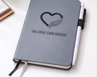 Custom Laser Engraved Grey Leather Notebook and Pen Set