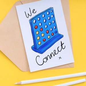 Playful retro anniversary card "We connect 4" - raise a smile with this card, ideal for your girlfriend,boyfriend, husband or wife,valentine