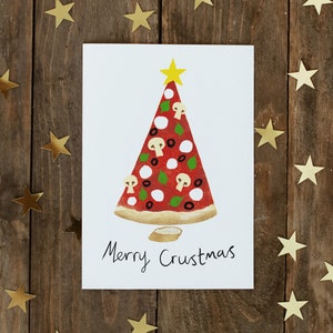 Pizza Christmas tree card - "Merry Crustmas"! Funny Christmas card with a food pun. Card for pizza lovers, can be personalised & sent direct