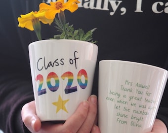 Class of 2024 Plant Pot, can be personalised. Rainbow lettering.  Graduate gift - planter - teacher appreciation - positive end of term gift