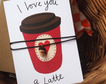 Coffee Charm Necklace With Card 'I love you a latte'- card for coffee lovers - cute anniversary card - caffeine addict gift - Valentine Card