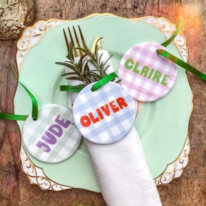 Gingham Personalised Place Setting / Napkin Rings - EASTER table settings, add any name - 3 colourways - pink green or blue check
