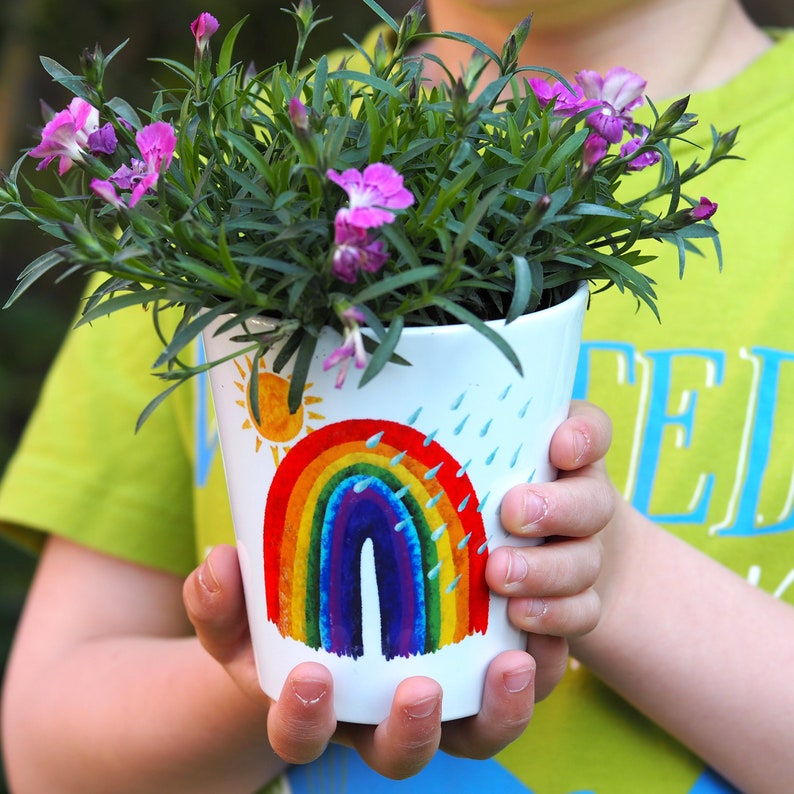 Rainbow Personalised Plant Pot 'Rain or Shine' Grow your own gift for budding gardeners kids gardening gift home schooling gift image 1