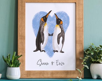 Personalized Penguin Couple Print: Anniversary, Wedding, or Engagement Gift