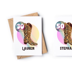 Leopard Print Cowgirl Boot and Disco Ball Birthday Card - add any age or name - Personalised 21st, 30th, 40th, 50th, 60th, 70th birthdays