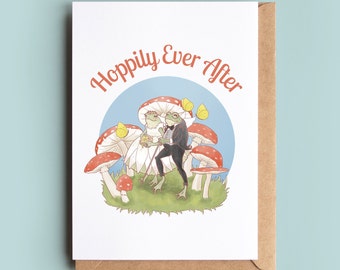 Frog Wedding Card HOPPILY EVER AFTER - funny engagement card - funny wedding day card - frog couple card - frogs and mushrooms illustration