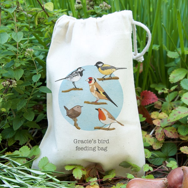 Bird Feeding gift bag with seeds - personalised garden gift for kids! Add any name. Half term activity - British birds - Bird feeder gift
