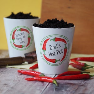May include: Two white ceramic pots with soil and chilli pepper designs. The pots are labelled "Simon's Ring of Fire" and "Dad's Hot Pot".  Red chilli peppers are scattered around the pots.